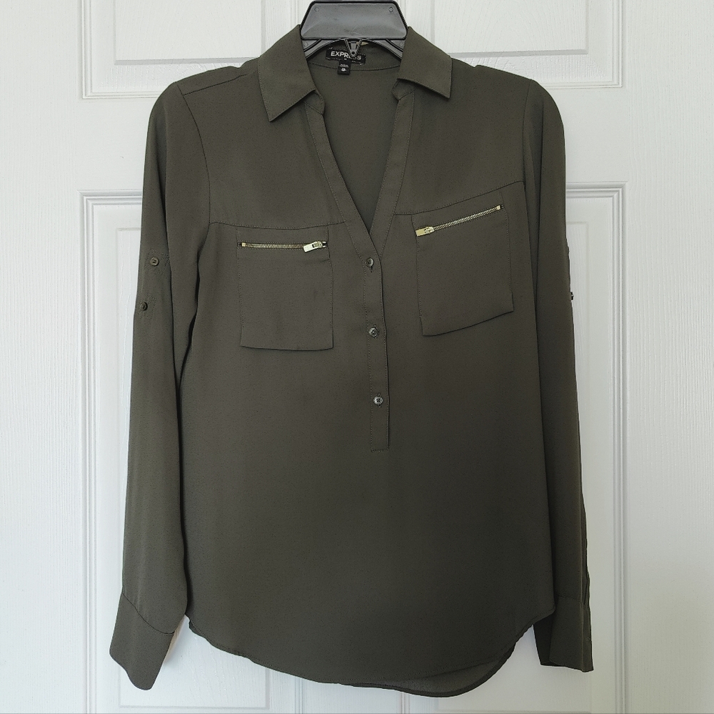 Express Dark Olive Button Down Shirt